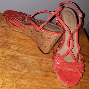 Coral Patent Leather Strappy Wedge Sandals